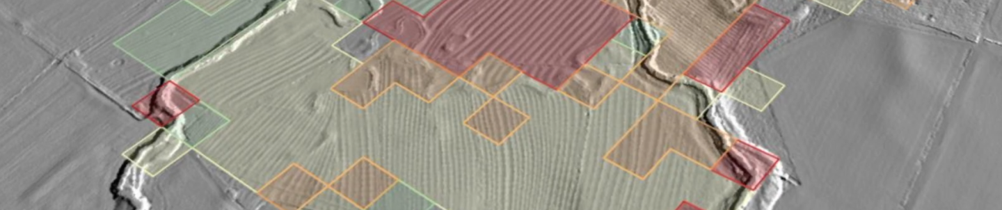 A LiDAR image showing image segmentation results of ridge and furrow earthworks (medieval ploughing remains) and deserted medieval villages in England. Image: ArchAI