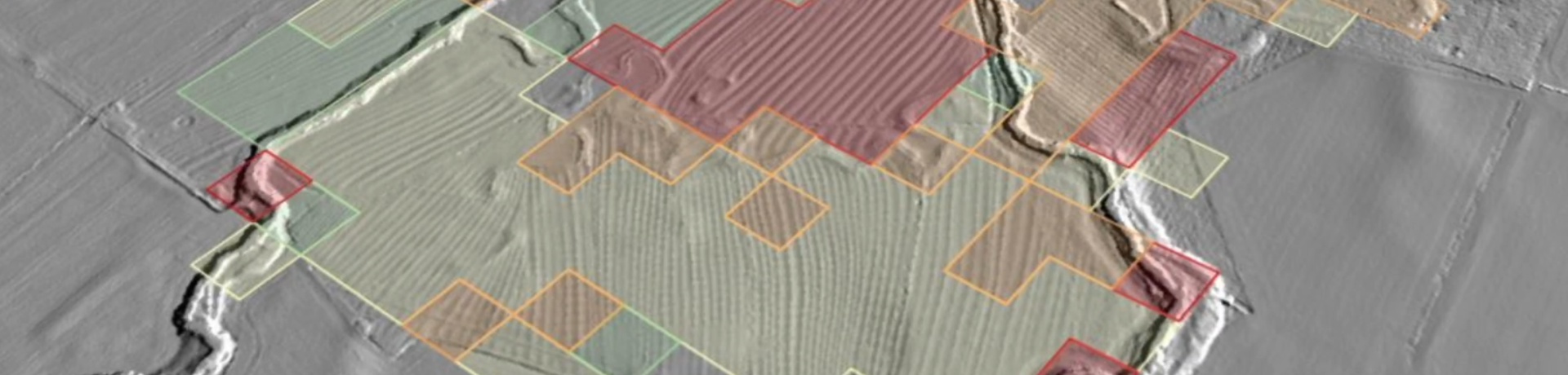 A LiDAR image showing image segmentation results of ridge and furrow earthworks (medieval ploughing remains) and deserted medieval villages in England. Image: ArchAI