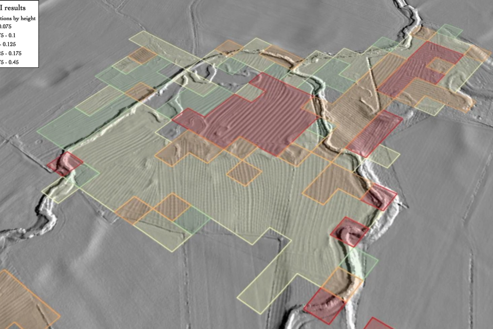A LiDAR image showing image segmentation results of ridge and furrow earthworks (medieval ploughing remains) and deserted medieval villages in England. Image: ArchAI