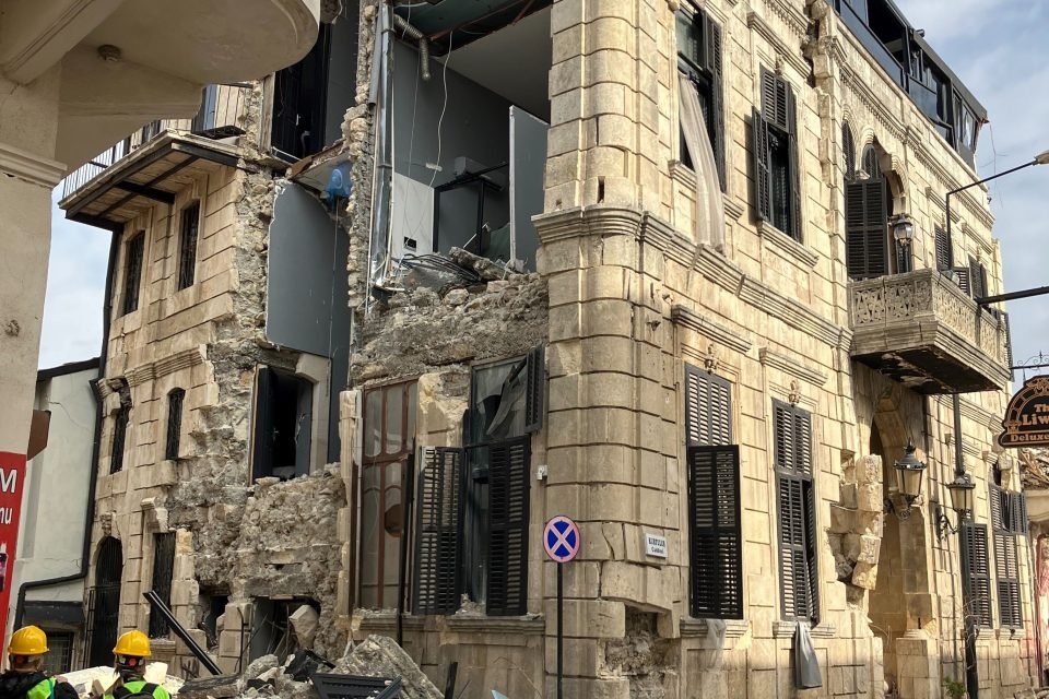 Street in Antakya, Turkey with historical building damaged by earthquake